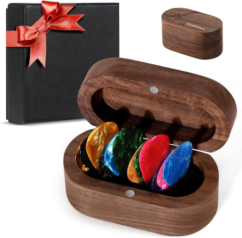 DoubleCare Walnut Guitar Pick Case Set with 12 Celluloid Picks in 3 Thicknesses, Premium Guitar Pick Holder, Mini Jewelry Box, Guitar and Bass Gift for Son, Mother, Father, Friend, Teacher - Image 1